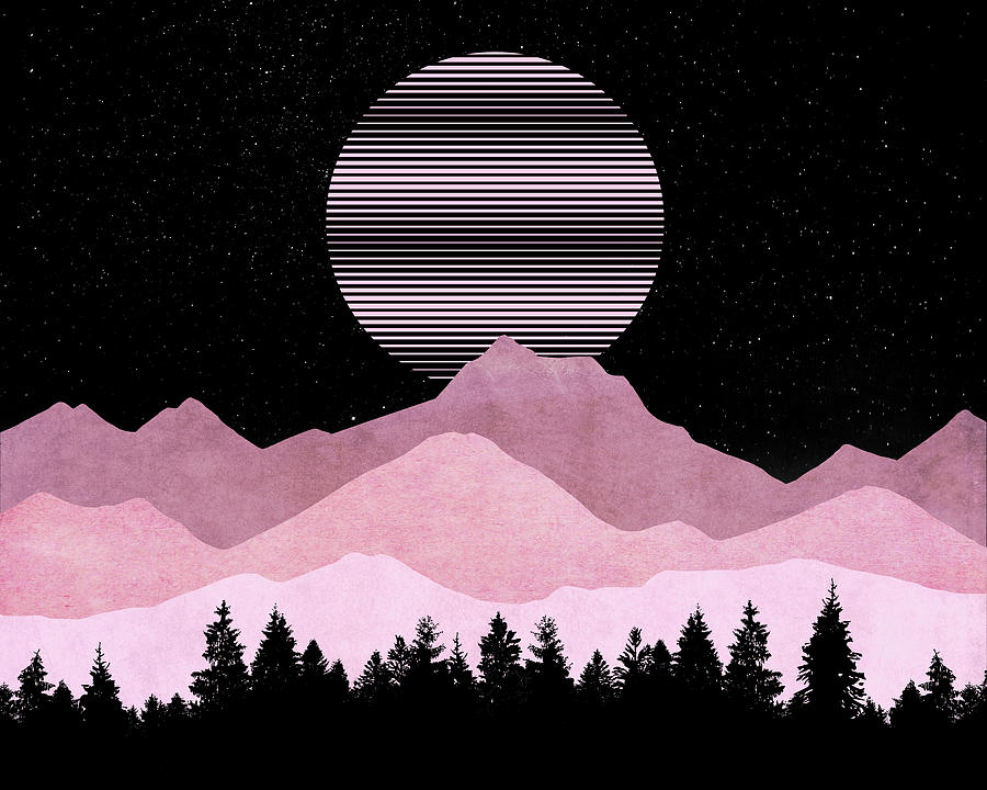 Mountain Digital Art - Pink Mountains and Moon by Tammy Wetzel