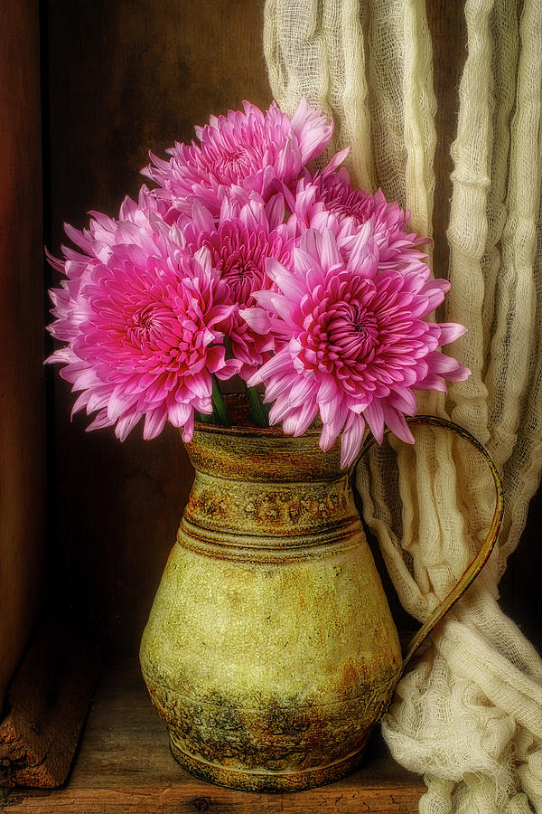 Pink Mums In Rusty Vase Photograph by Garry Gay - Pixels