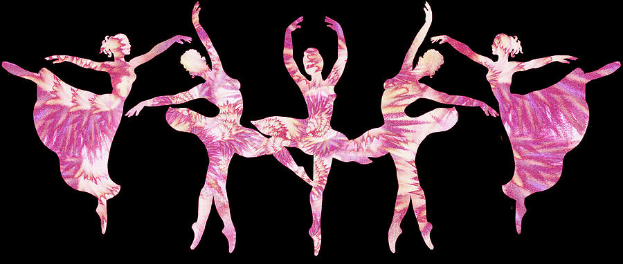 Pink On Black Ballerinas Silhouette Dance  Painting by Irina Sztukowski