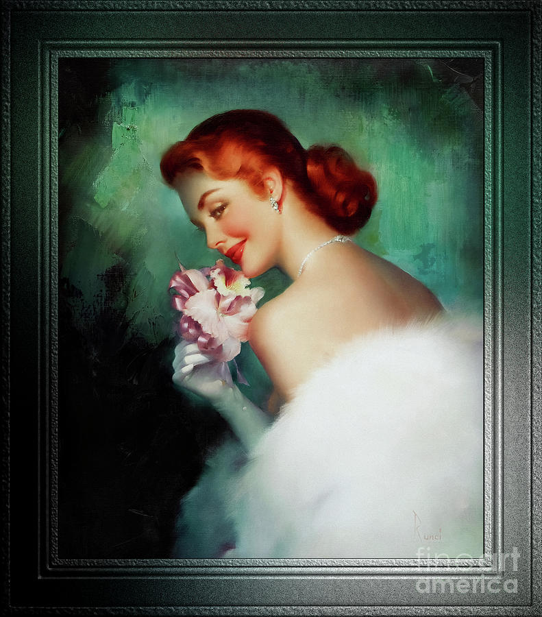 Pink Orchid Corsage by Edward Runci Pin-Up Girl Vintage Art Painting by Rolando Burbon