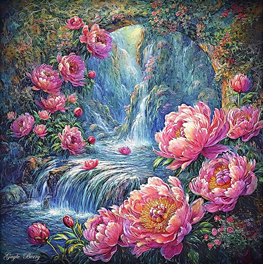 Waterfall Digital Art - Pink Peonies And Waterfalls by Gayle Berry
