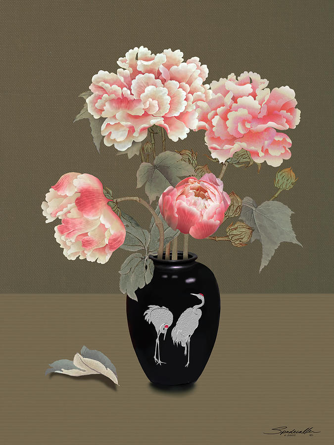 Pink Peonies in Crane Vase Digital Art by M Spadecaller - Pixels