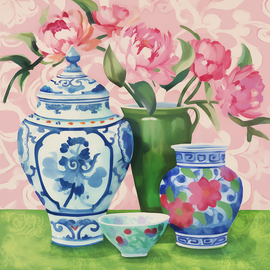 Pink Peonies in Green Vase With Chinoiserie Painting by Kimberly Potts ...