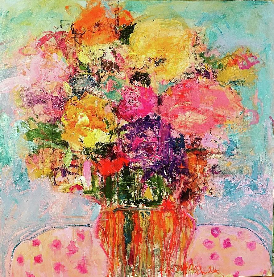 Pink Polka Dot Table Cloth Painting by Sandy Welch