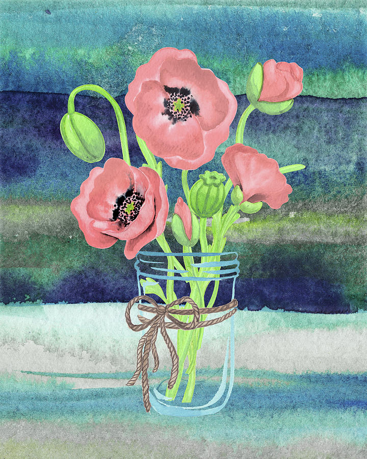 Pink Poppies In Jar On Blue Watercolor Wildflowers  Painting by Irina Sztukowski