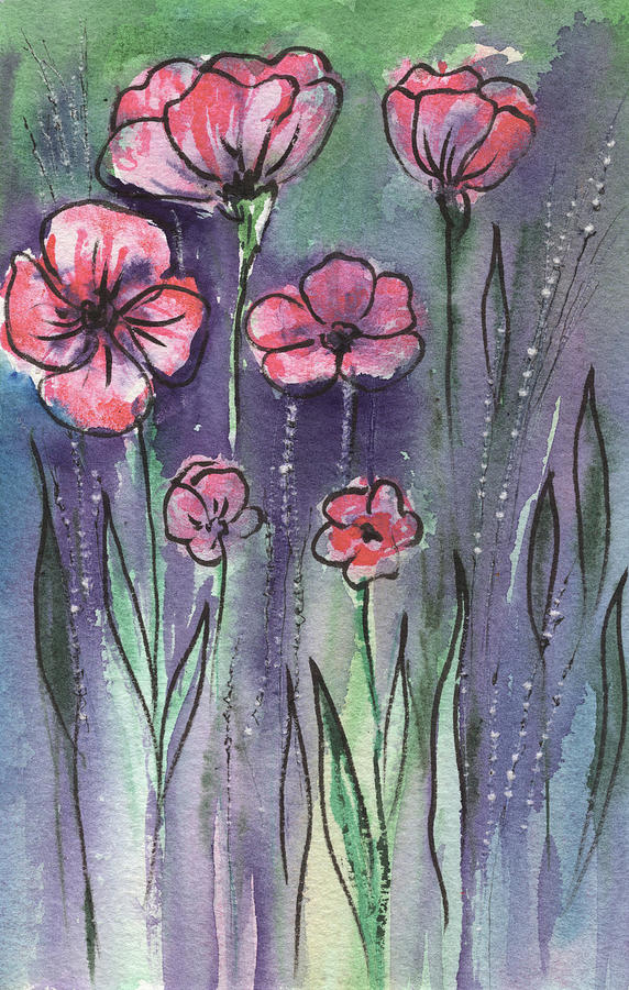 Pink Poppies In The Morning Field Watercolor  Painting by Irina Sztukowski