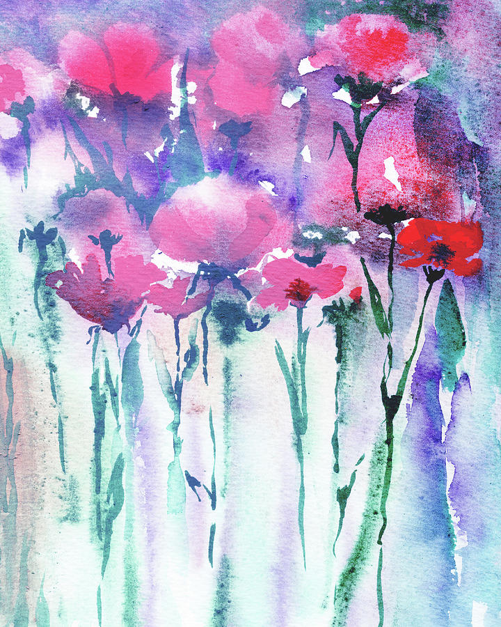 Pink Poppy Field Watercolor Flowers Contemporary Artwork  Painting by Irina Sztukowski