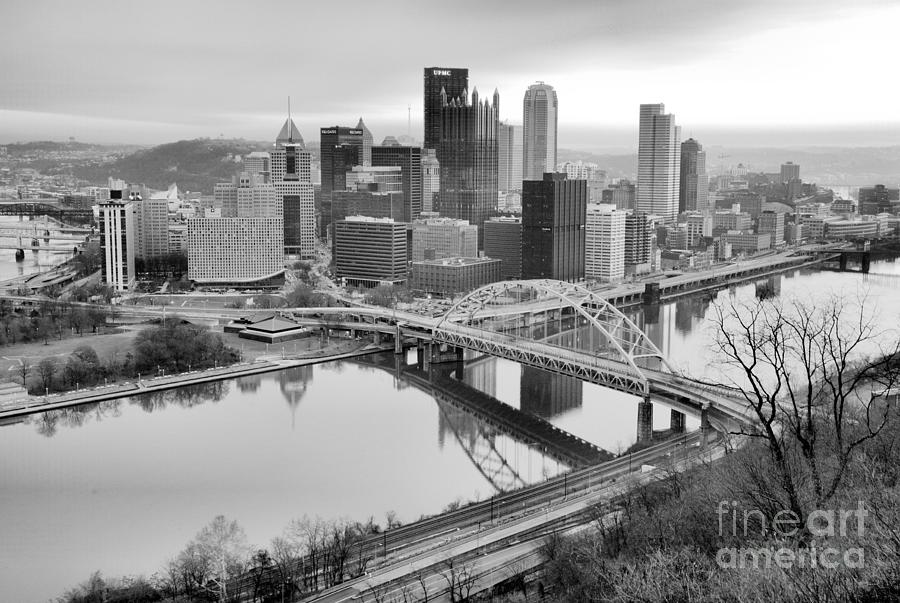 Pink, Purple And Yellow Skies Over Pittsburgh Black And White Photograph by Adam Jewell