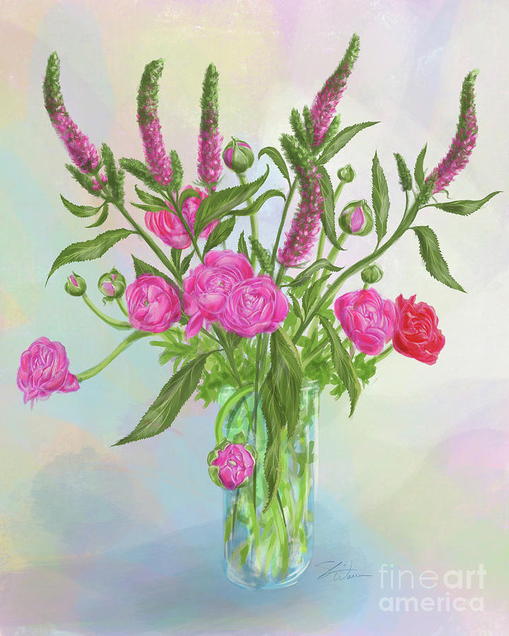 Pink Ranunculus Bouquet Mixed Media by Shari Warren