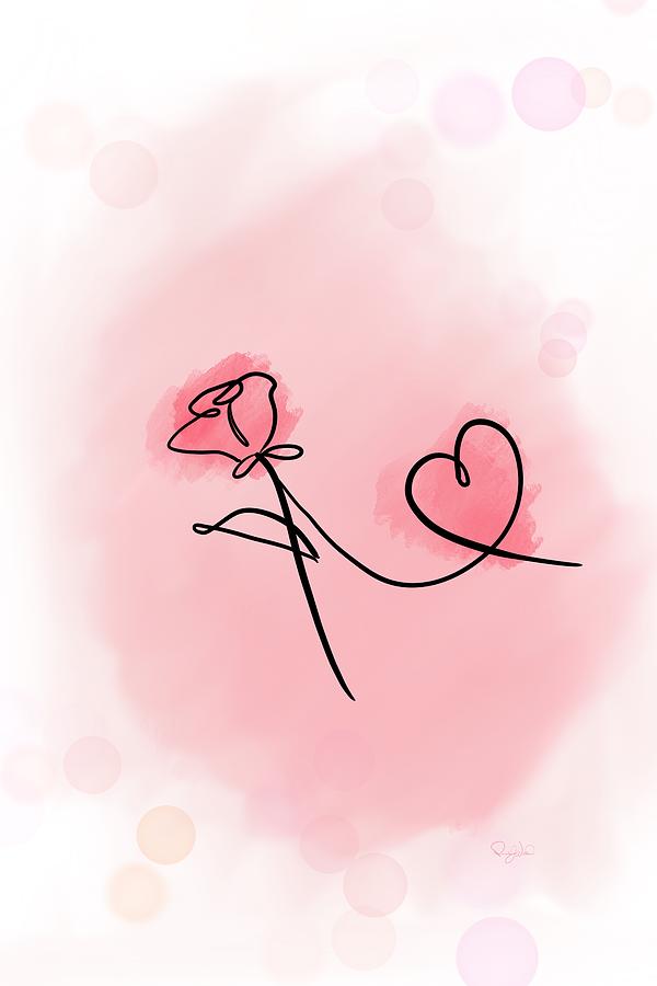 Pink Rose and Heart Line Art  Drawing by Pamela Williams