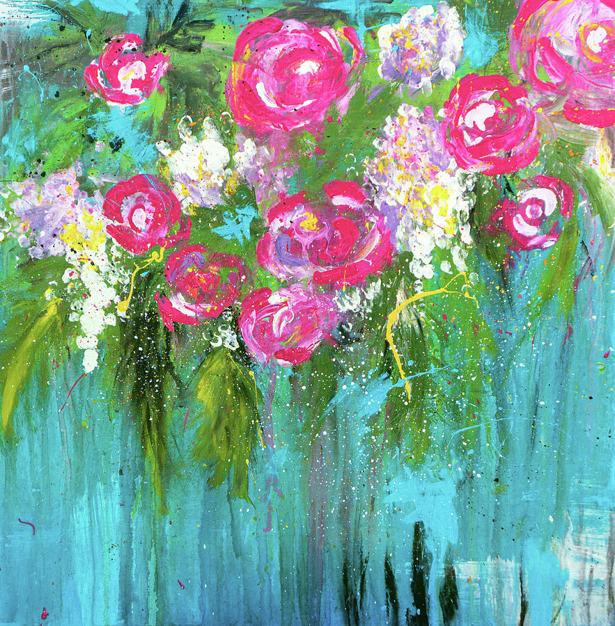 Pink Rose Bohemian Abstract Floral Painting by Joanne Herrmann