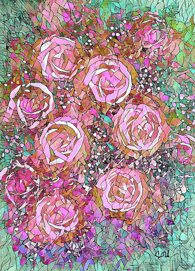 Pink Rose Bouquet Mosaic Painting by Corinne Carroll