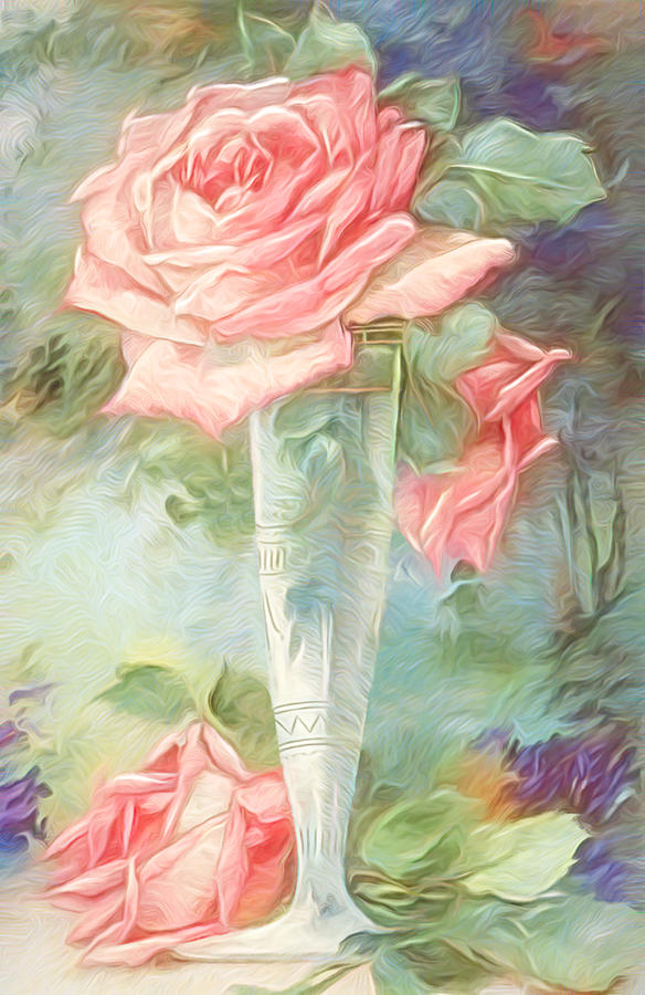 Pink Rose in a Crystal Glass Vase Mixed Media by Susan Hope Finley