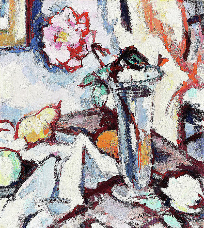 Pink rose in a glass vase with fruit - Digital Remastered Edition Painting by Samuel John Peploe