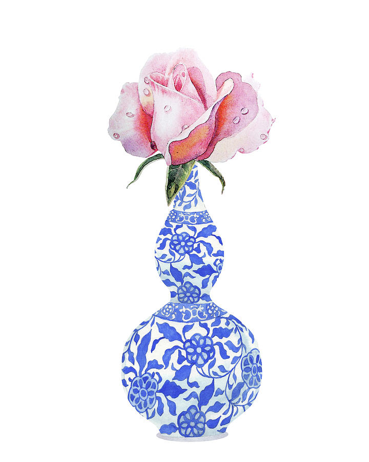 Pink Rose In Elegant Blue Chinese Dynasty Vase Watercolor  Painting by Irina Sztukowski
