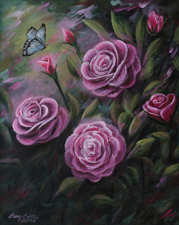 Pink Roses and Blue Butterfly Painting by Lena Auxier