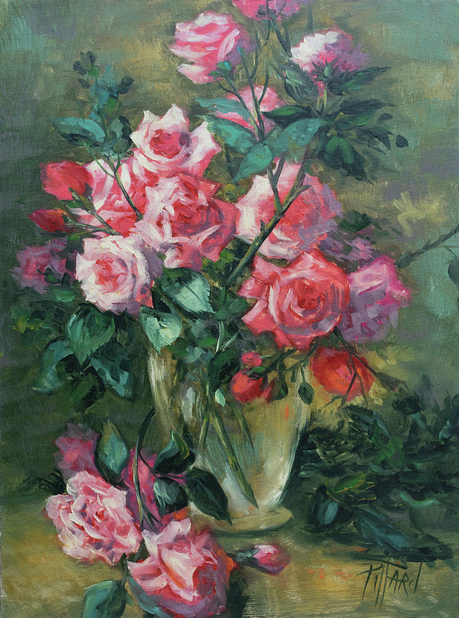 Pink and Red roses in glass vase. Painting by Lynne Pittard