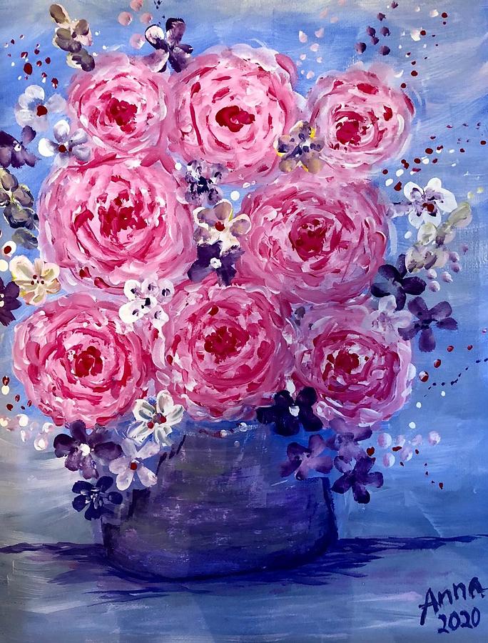 Pink Roses in a Vase Painting by Agnieszka Gerwel