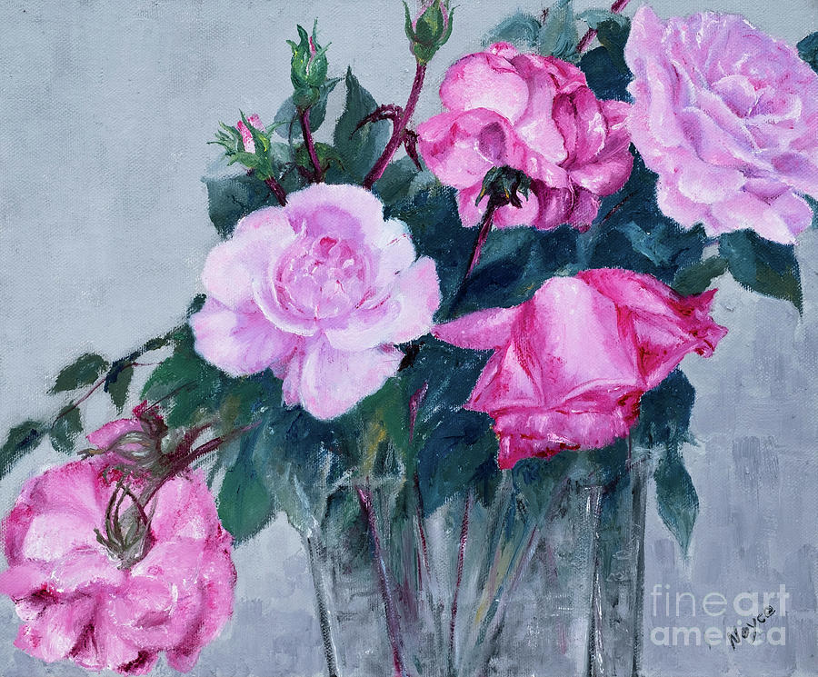 Pink Roses in Glass Vase Painting by Beryl Noyce