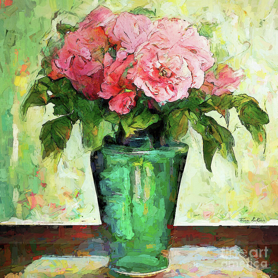 Pink Roses in Green Vase Painting by Tina LeCour