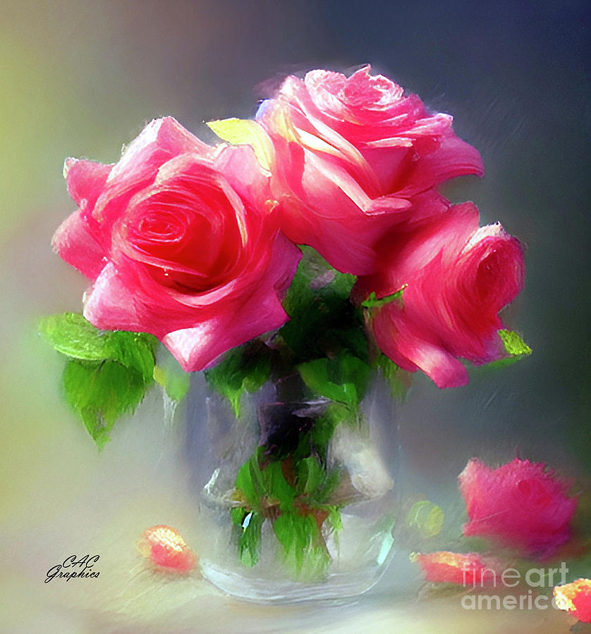 Pink Roses In Mason Jar Painting by CAC Graphics