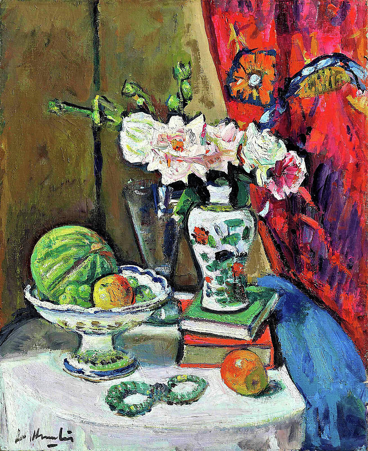 Pink roses, red curtain in background, green melon and jade necklace - Digital Remastered Edition Painting by George Leslie Hunter