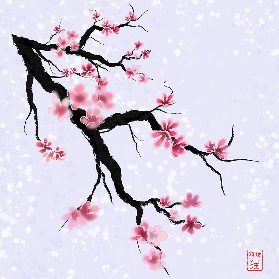 Pink sakura on a purple background Painting by Cuisinecat - Fine Art ...