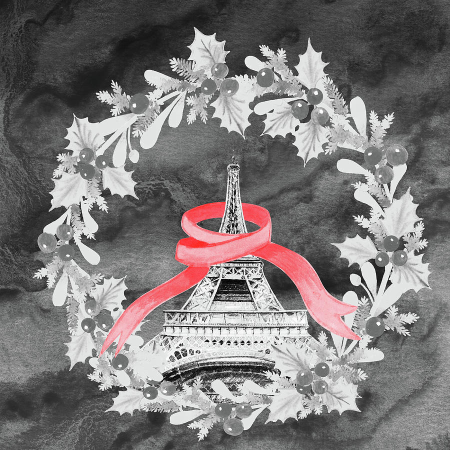 Pink Scarf On Eiffel Tower Wreath Silver Gray Watercolor  Painting by Irina Sztukowski