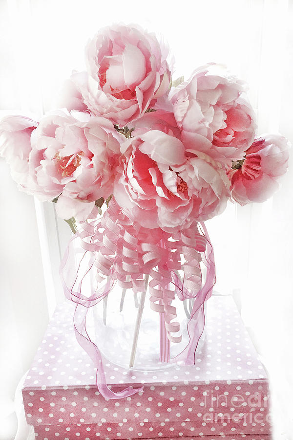 Flower Photograph - Pink Shabby Chic Peonies In Glass Vase Pink Ribbons Books Print Romantic Valentine Pink Peonies  by Kathy Fornal