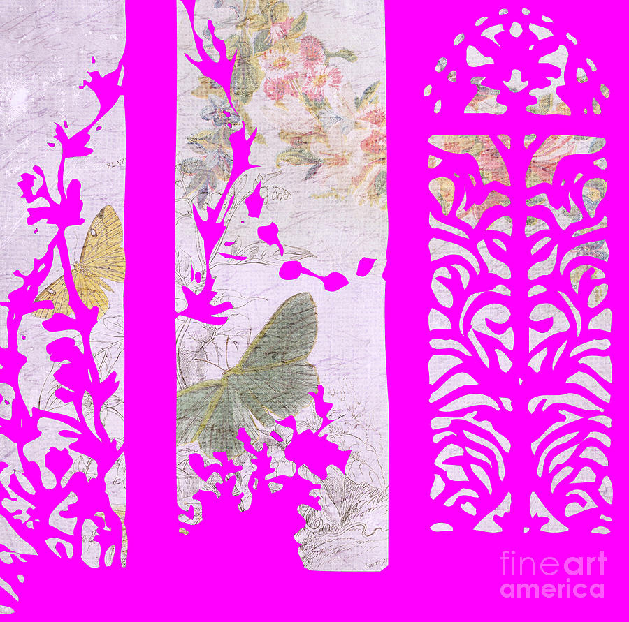 Pink Silhouette Trellis Butterflies and Flowers Digital Art by Rose Santuci-Sofranko