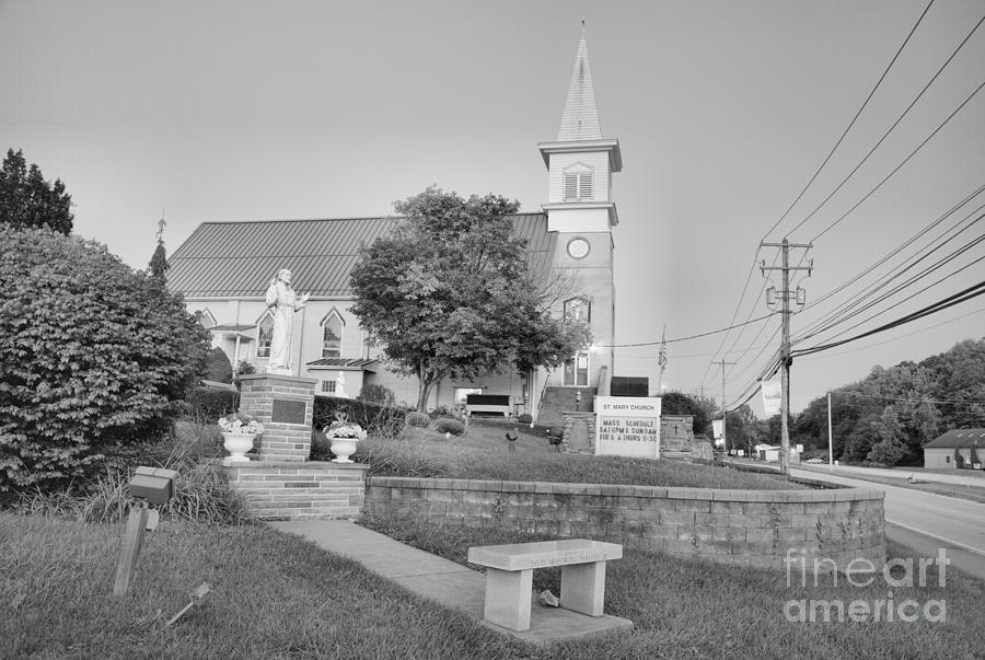 Pink Skies Over St. Marys Church Export PA Black And White Photograph by Adam Jewell
