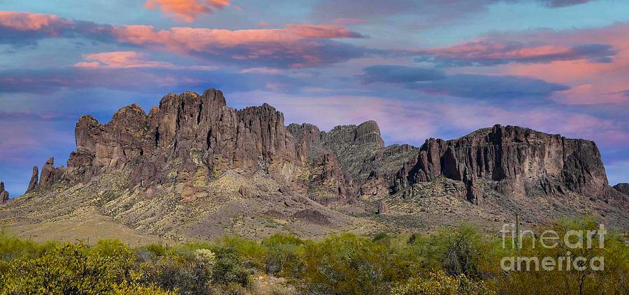 Pink Skies over the Superstitions at Sunset Digital Art by Tammy Keyes