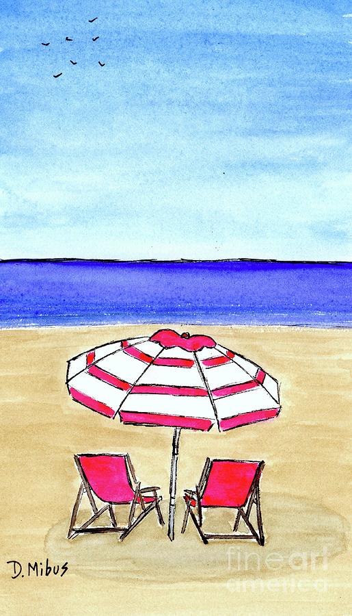 Pink Striped Beach Umbrella Painting by Donna Mibus