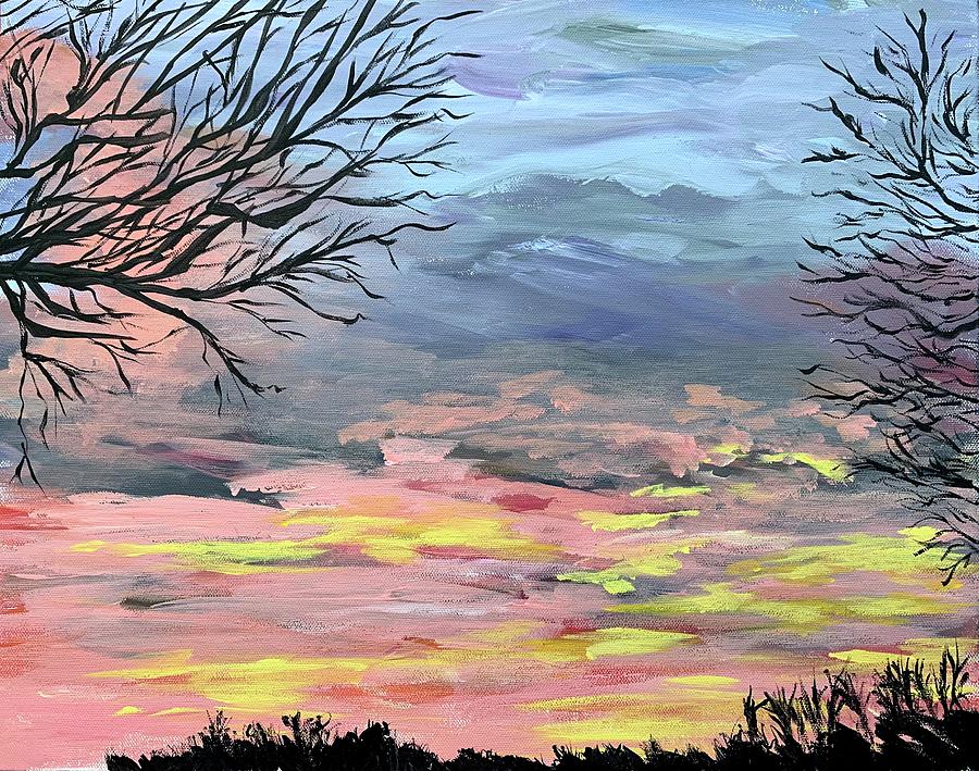 Landscape Painting - Pink Sunrise and Trees by Natalia Ciriaco