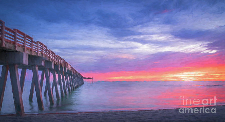 Beach Photograph - Pink Sunset at Venice Fishing Pier, Florida, Painterly by Liesl Walsh