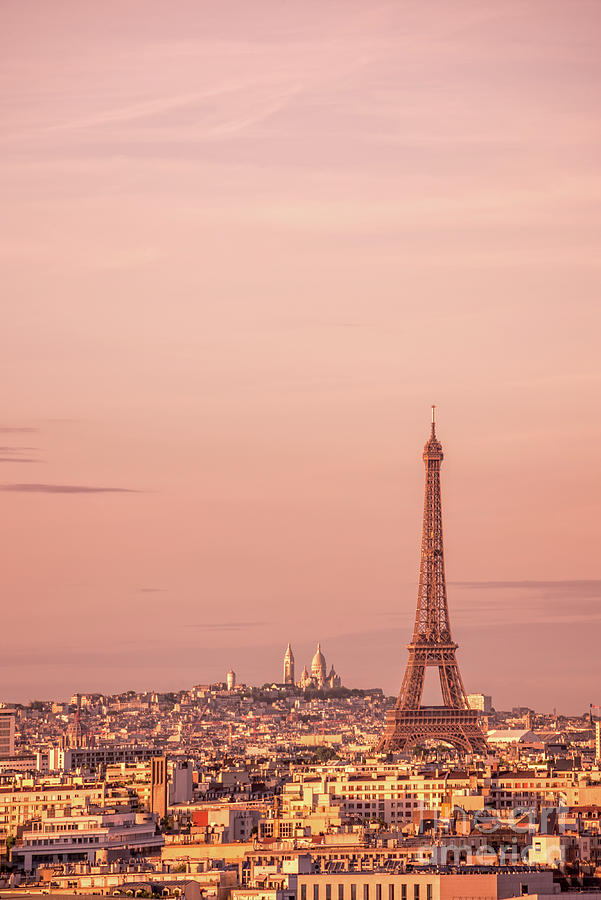 Pink sunset in Paris, Eiffel tower and Montmartre Photograph by Delphimages Paris Photography