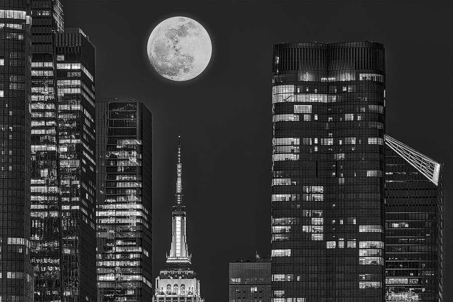 Pink Super-Moon NYC BW Photograph by Susan Candelario