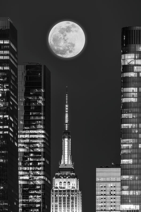 Pink Super-Moon Over NYC BW Photograph by Susan Candelario