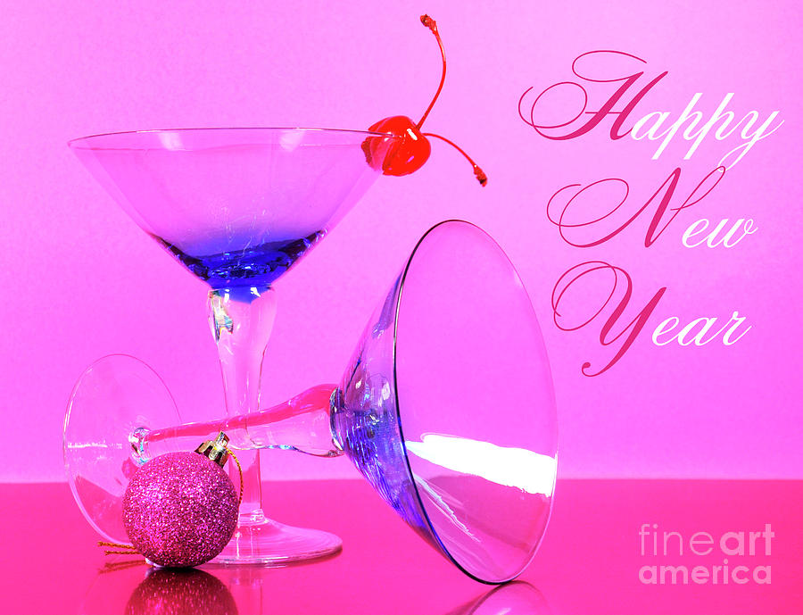 Pink Theme Happy New Year Party With Vintage Blue Martini Cockta