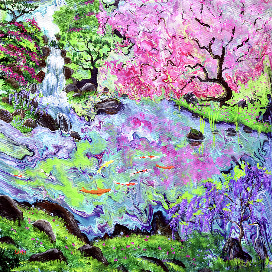 Pink Tree and Waterfall Painting by Laura Iverson