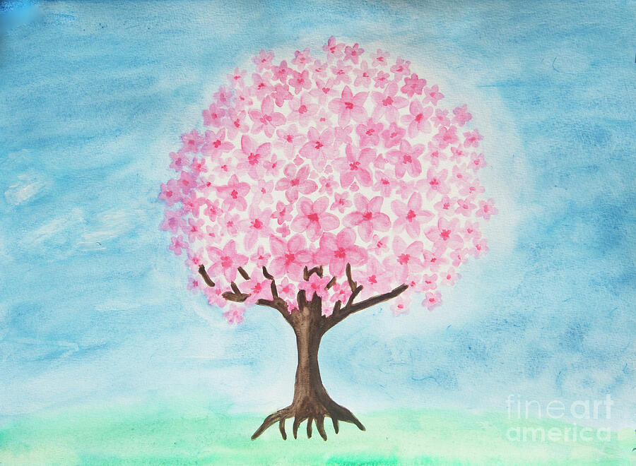 Pink tree on blue, watercolor painting Painting by Irina Afonskaya