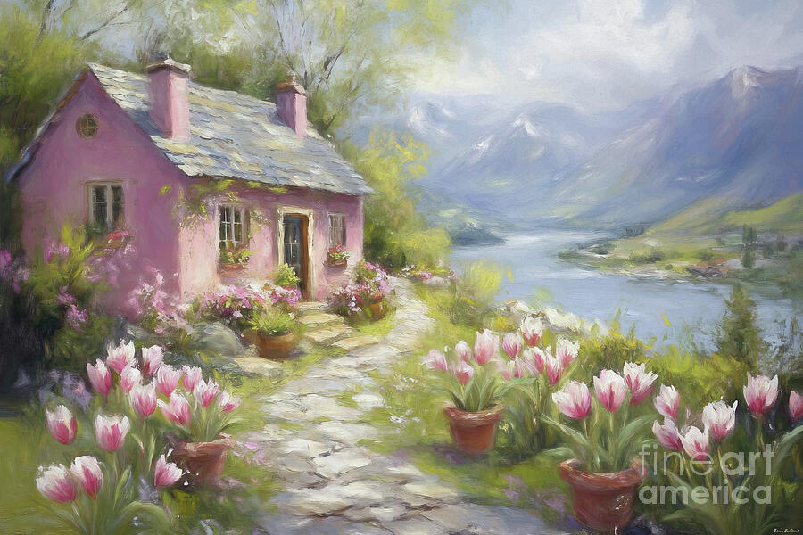 Pink Tulip Cottage Painting by Tina LeCour Pink Tulip Cottage Painting by Tina LeCour