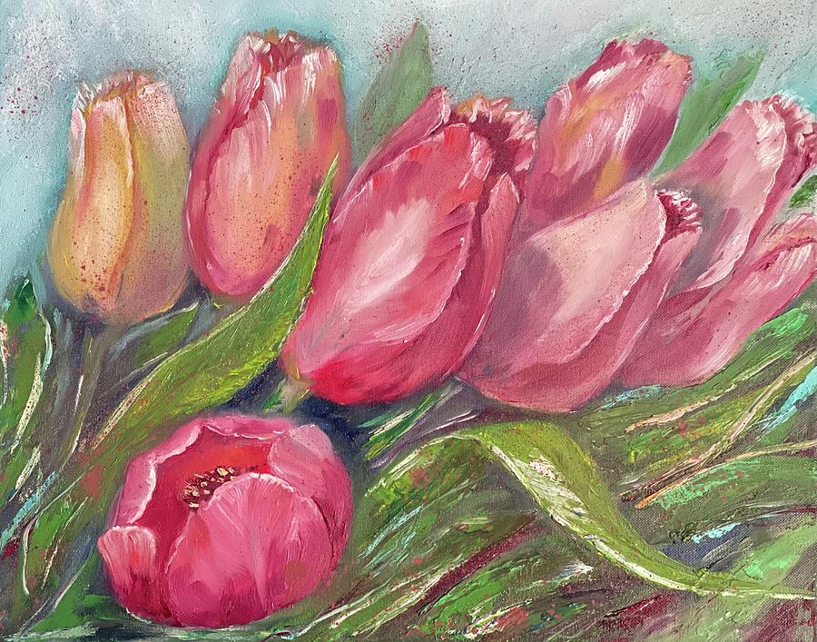 Pink tulips for mom Painting by Tetiana Bielkina