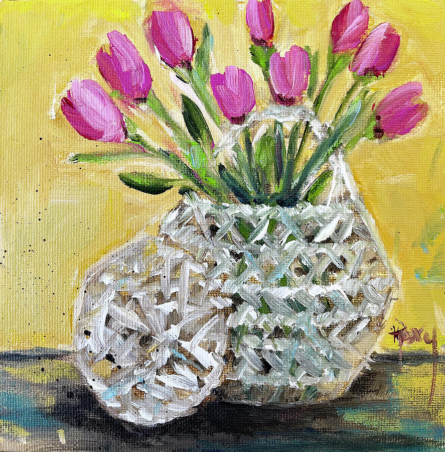 Pink Tulips In White Wicker Basket Painting