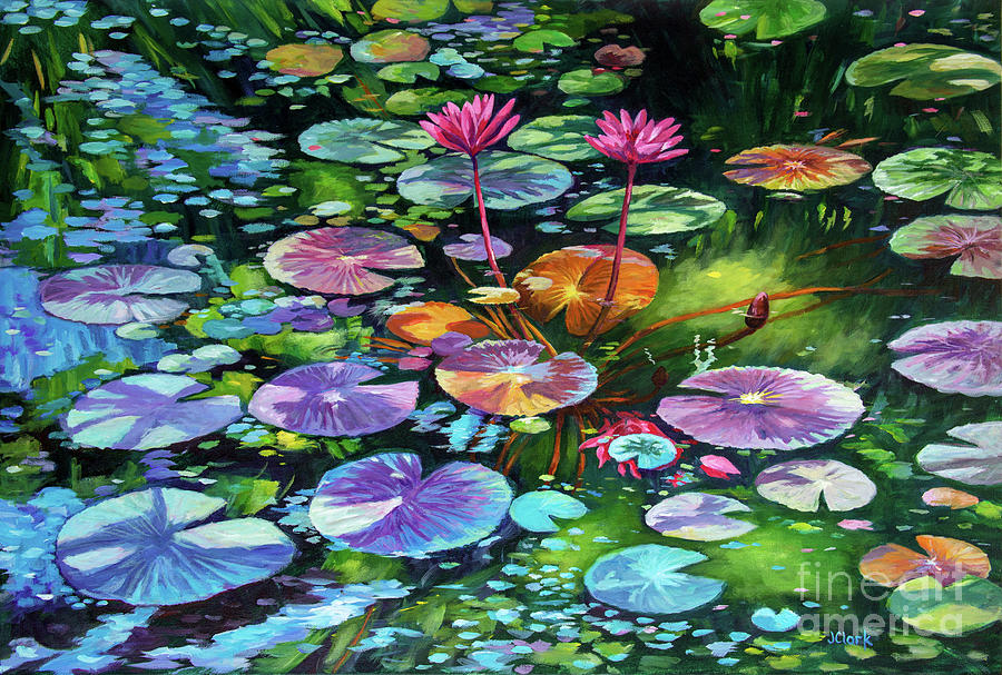 Flower Painting - Pink Water Lilies and Lily Pads by John Clark