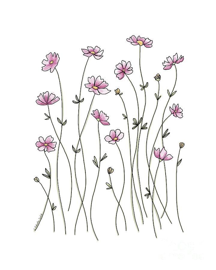 Pink Wildflowers Line Art Painting by Elizabeth Robinette Tyndall