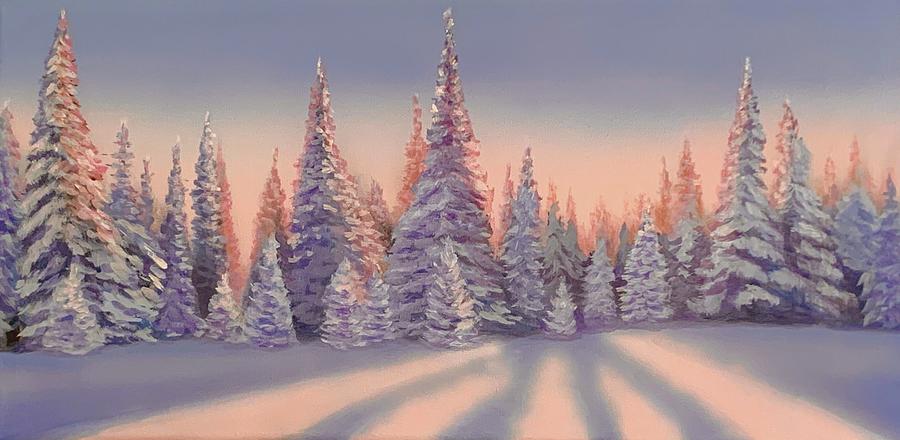 Pink Winter Fir Trees Painting by Caroline Swan