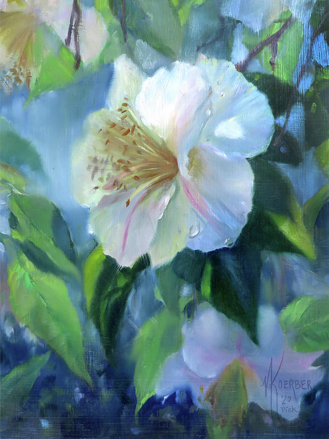 Pink with Blue Camelia, Print Painting by Nora Koerber - Pixels