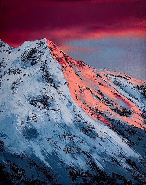 Pinkish glow on the mountain Painting by Willy Proctor