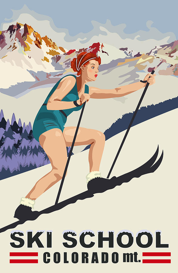 Mountain Digital Art - Pinup Girl on Ski School at Colorado Mountains by Long Shot
